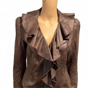 Y2K Worthington Brown Leather Jacket with Ruffle Detail